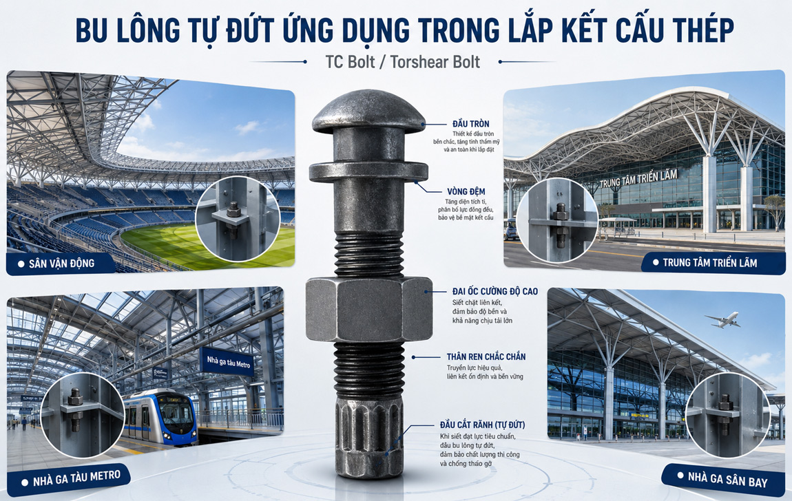ứng dụng Bu lông tự đứt TC bolt trong lắp kết cấu thép ?