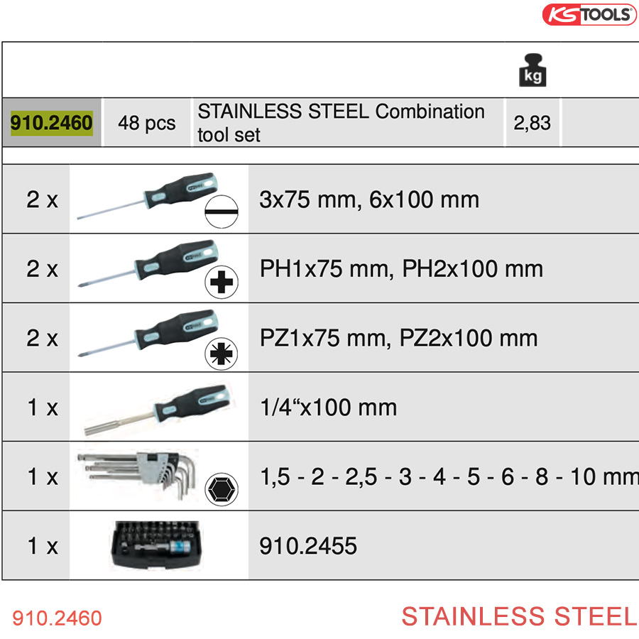 spec Bộ dụng cụ sửa chữa thép không gỉ 48 pcs KS Tools 910.2460